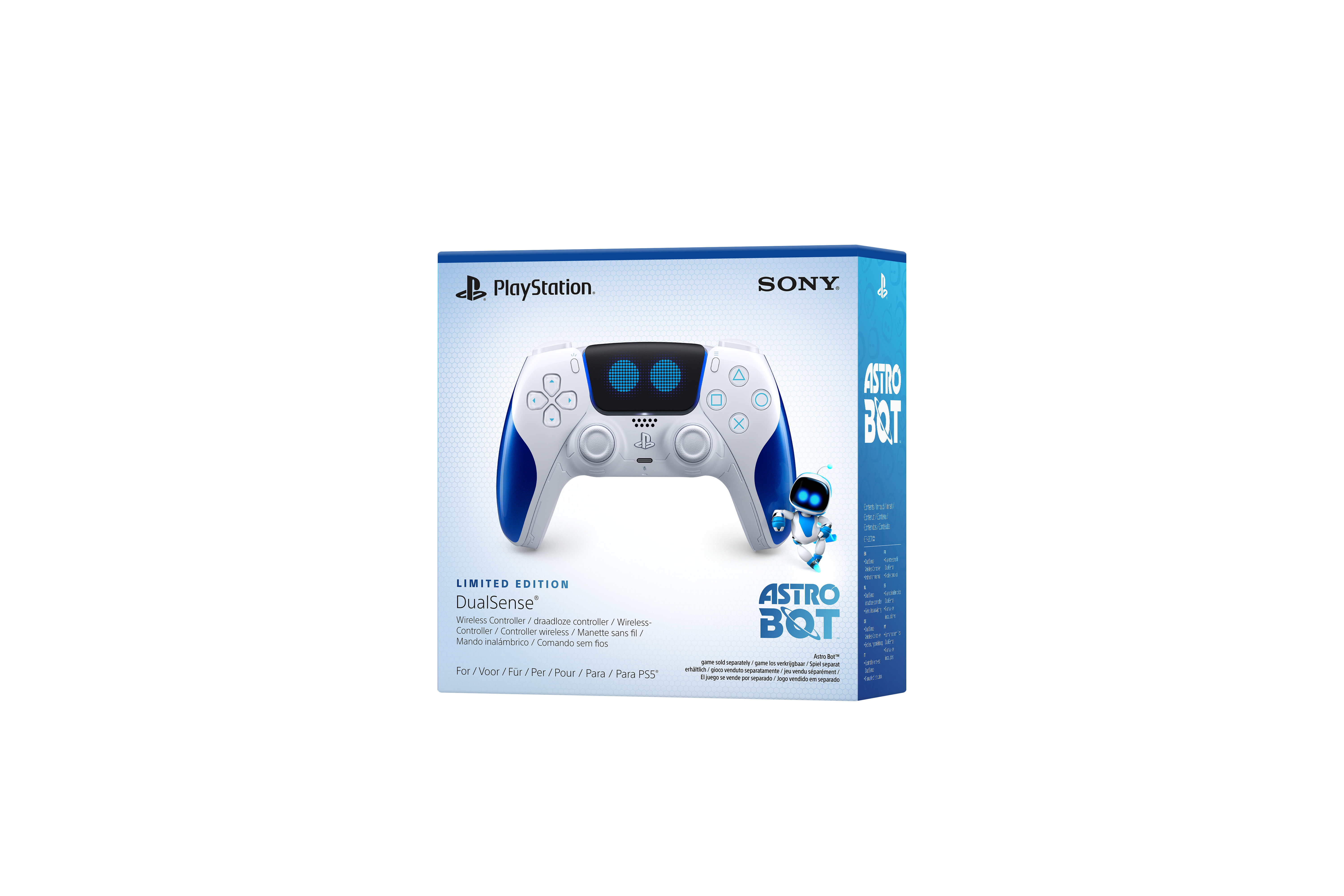 PlayStation Astro Bot Controller-Box. Weißer Controller mit blauen Akzenten und Robotergrafik.
