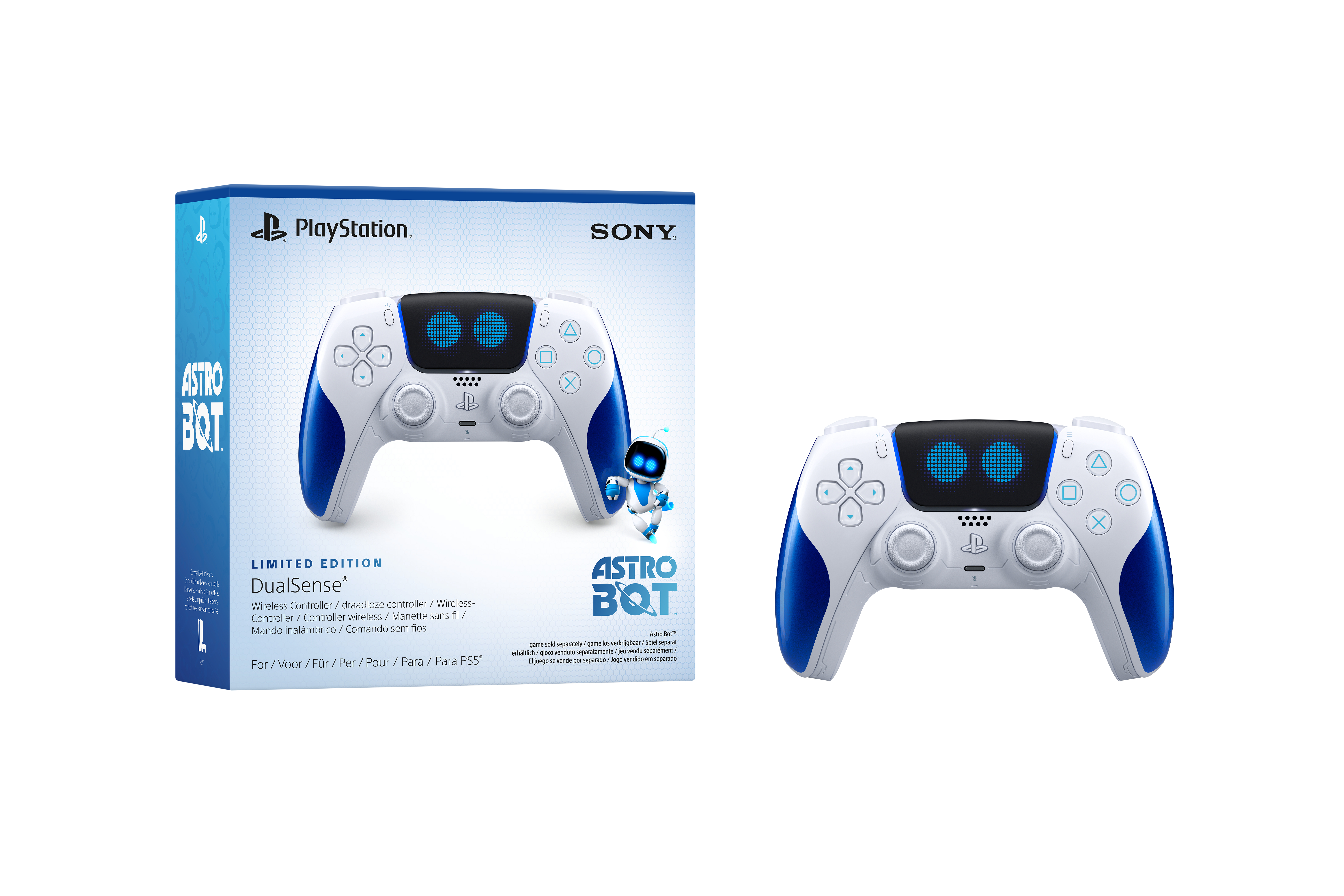 Box mit weißem und blauem Astro Bot DualSense-Controller und ein Bild des Controllers.