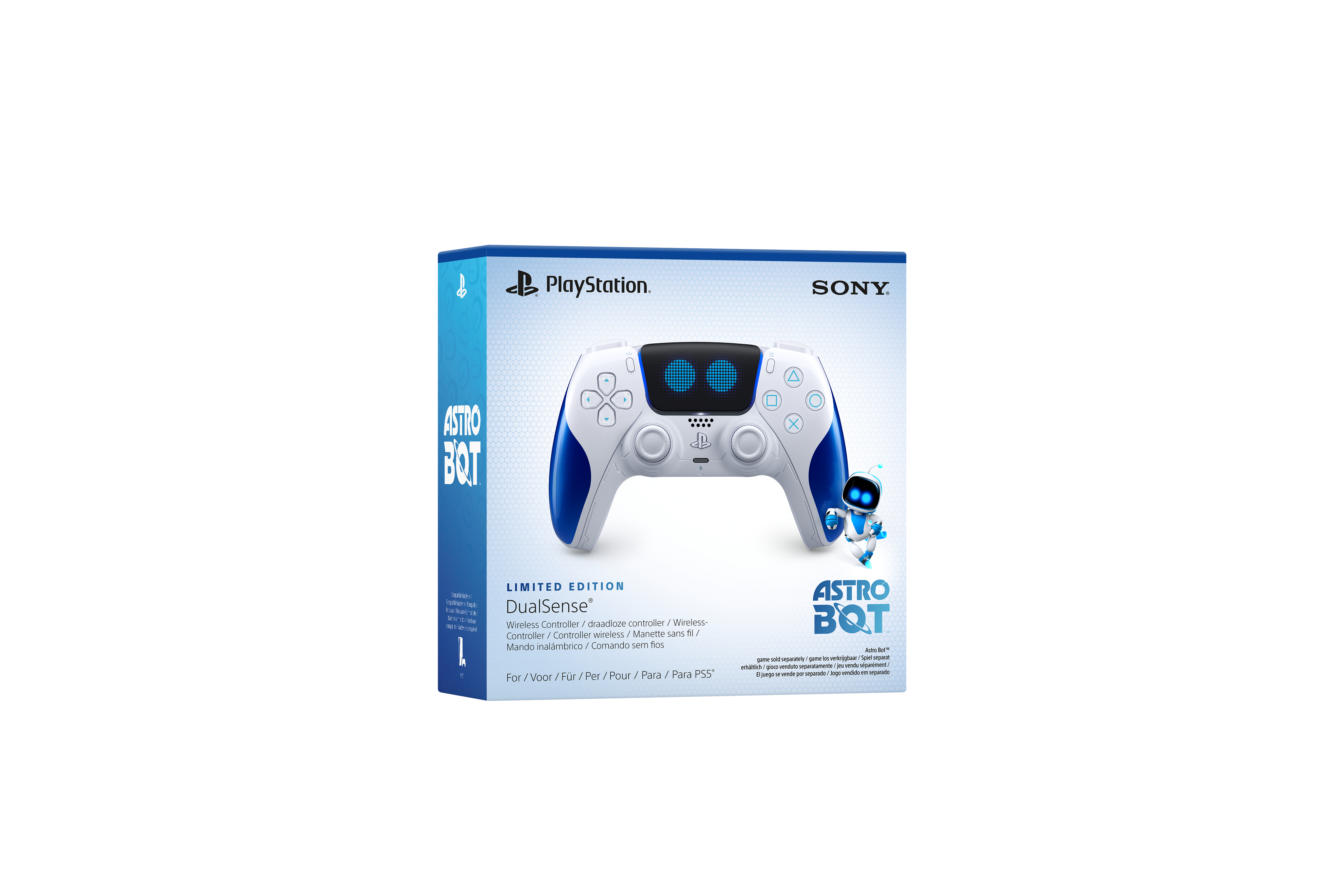 PlayStation-Controller in einer Box. Weißer Controller mit blauen Akzenten. Weißer Hintergrund.