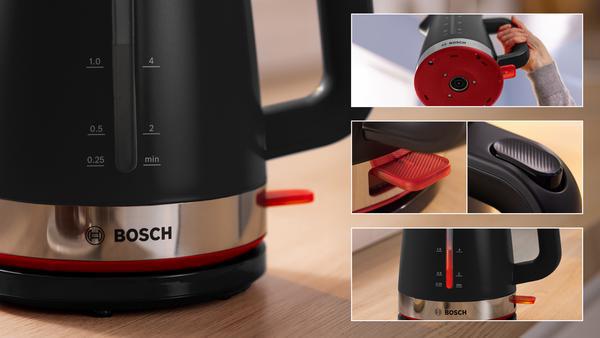 Ein schwarzer Wasserkocher mit roter Taste und silbernem Sockel, verschiedene Detailaufnahmen sind enthalten.