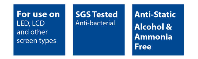 Három kék téglalap szöveggel: LCD képernyőkhöz; SGS tesztelt antibakteriális; Alkohol- és ammóniamentes.
