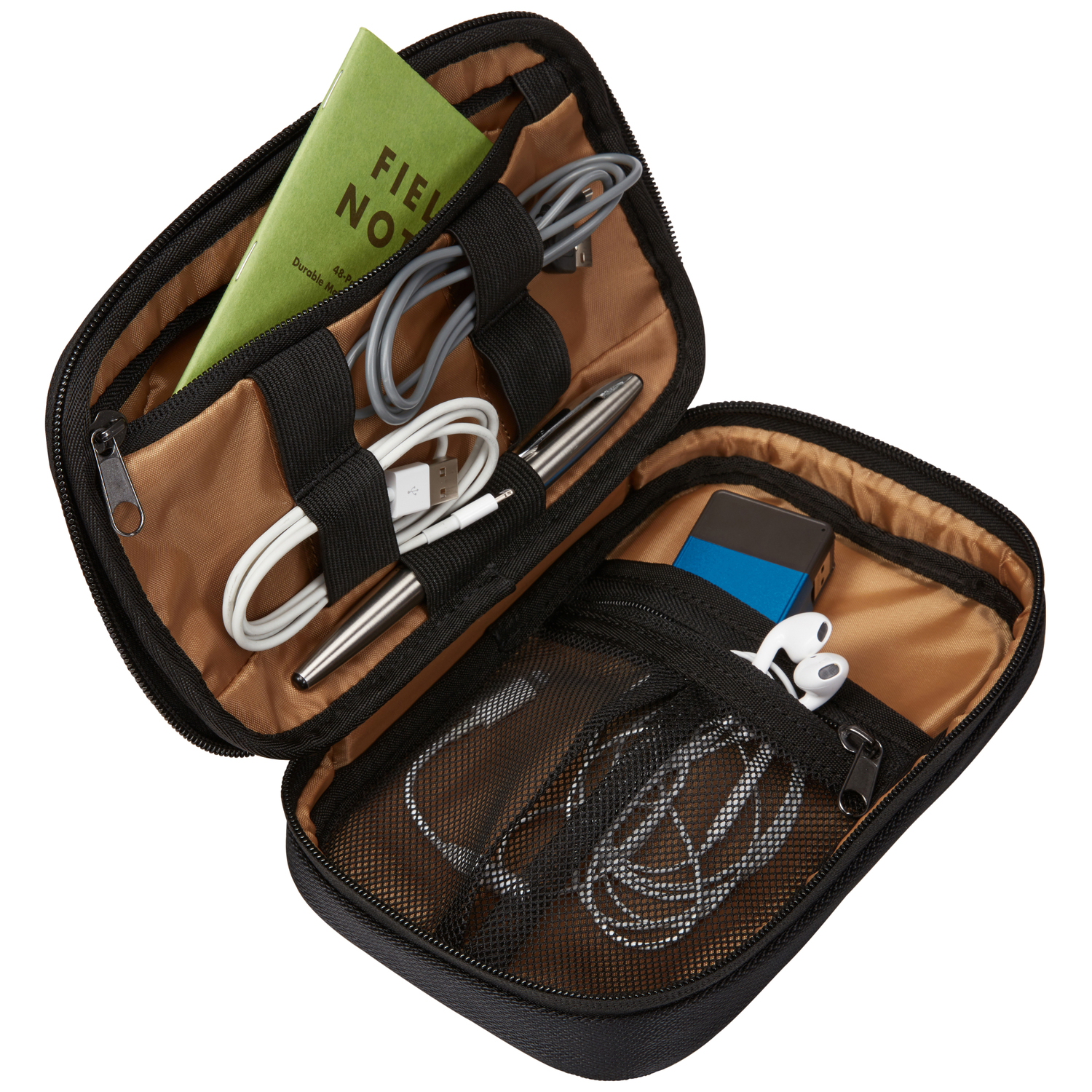 Open black travel case with items: notebook, cables, pen, and earphones.