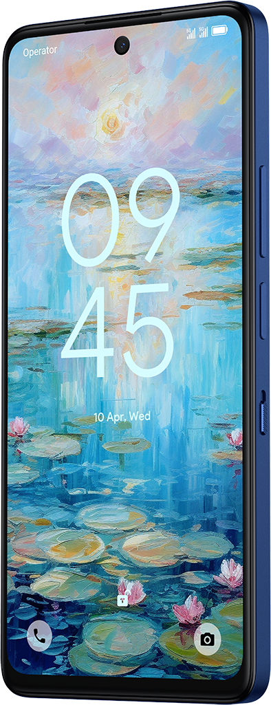 Egy kék okostelefon tájkép képet jelenít meg a képernyőjén, egy tavat és kék eget mutatva. A telefon perspektívában van.