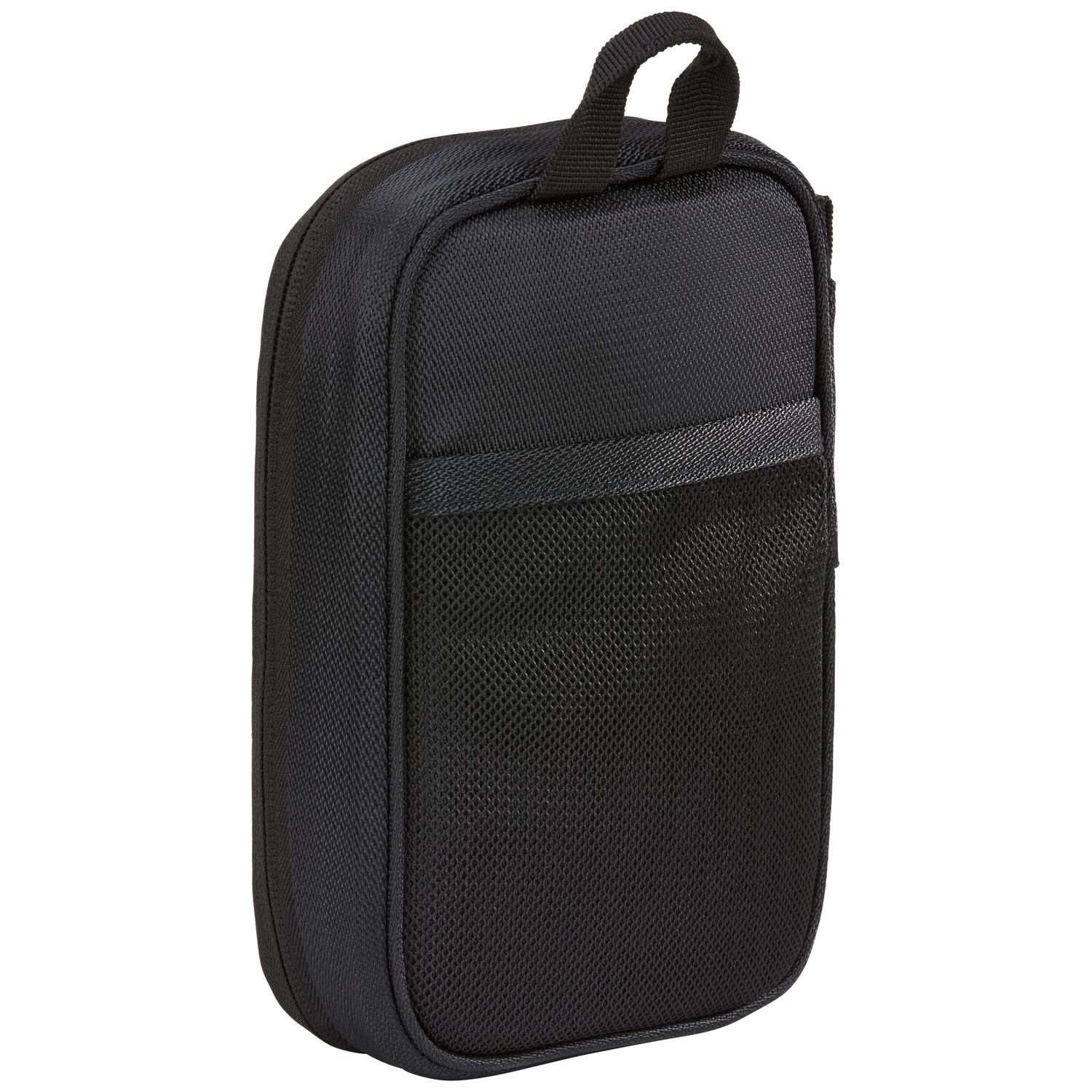 A black travel case with a handle and a mesh pocket, isolated on a white background.