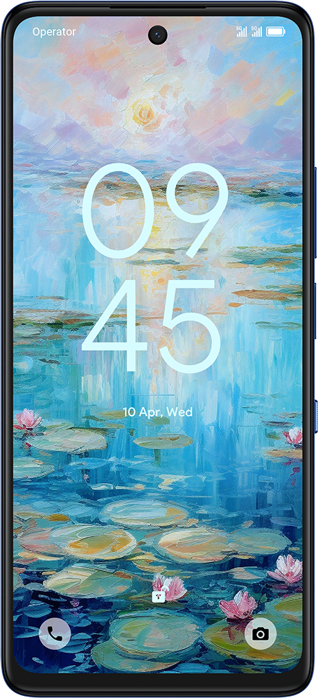 Kék telefon képernyő, vízililiomos jelenettel, 09:45-ös időponttal.