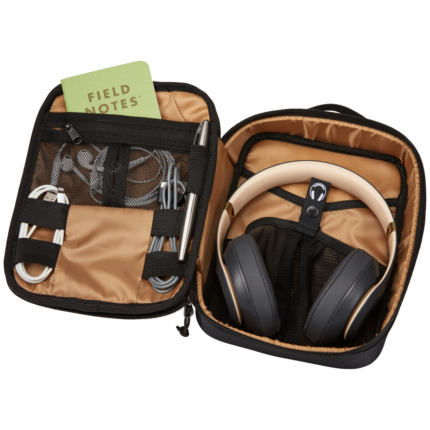 Open black case with headphones, a notebook, a pen, and cables inside.