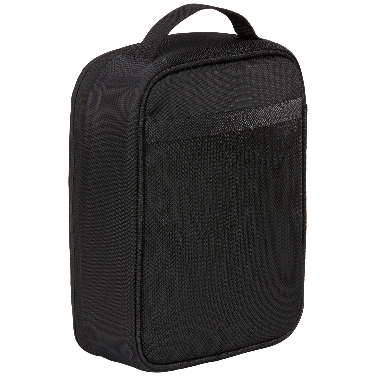 A black rectangular travel case with a handle, a mesh pocket, and a zipper on the side.