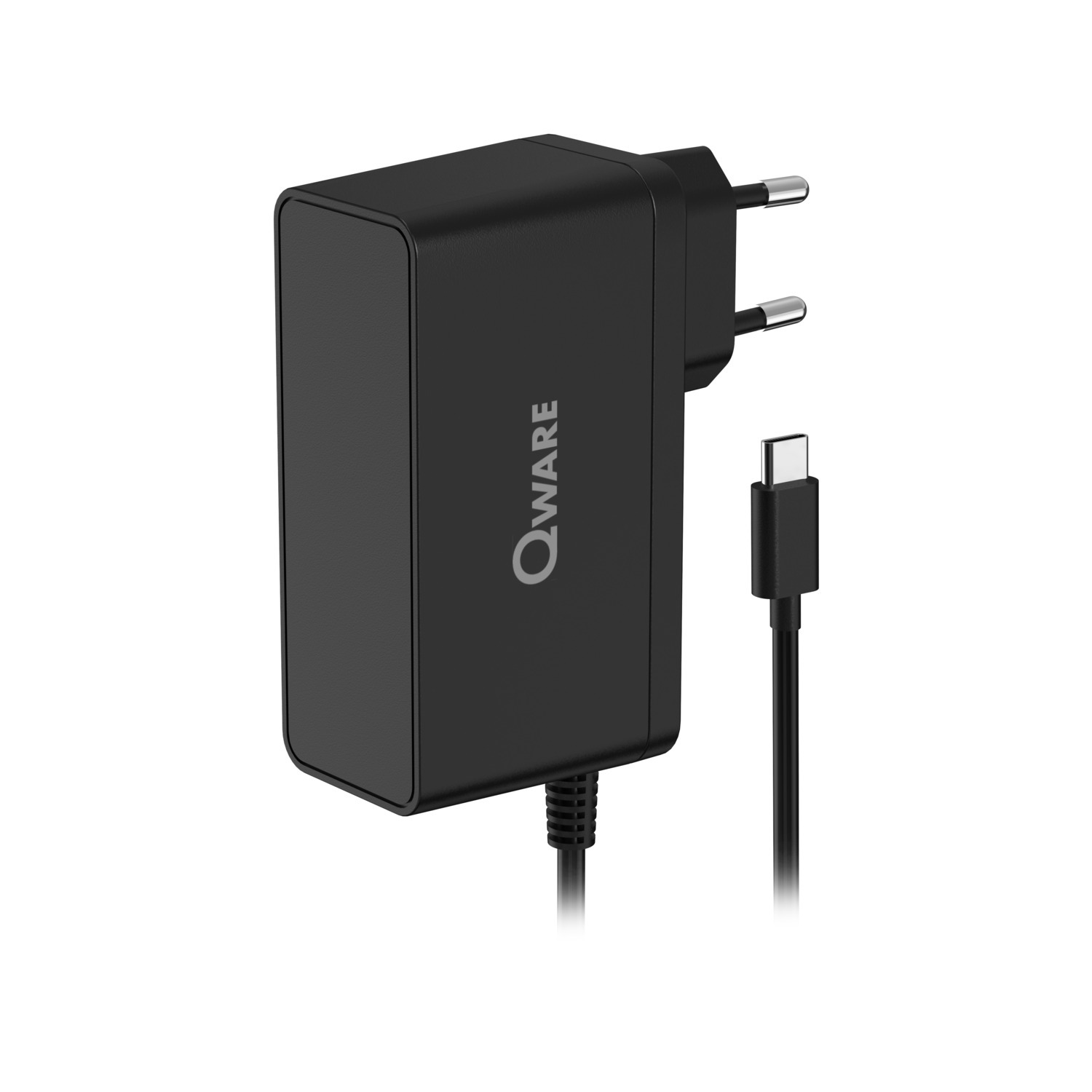 Black Q-Ware charger with a USB-C cable, plugs in. The charger has the brand name on it.