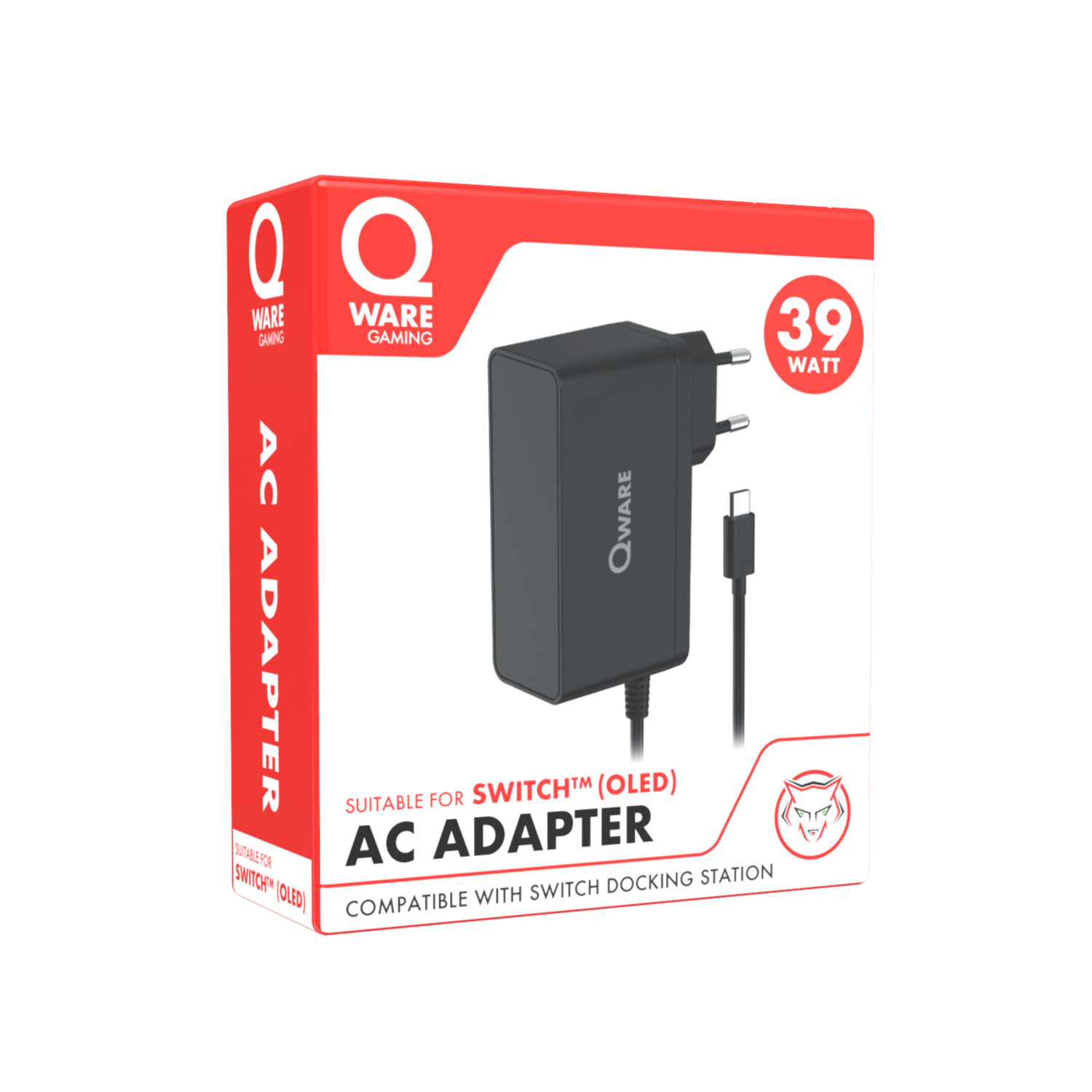 A boxed Qware AC adapter, suitable for a Switch OLED, with the AC adapter visible.
