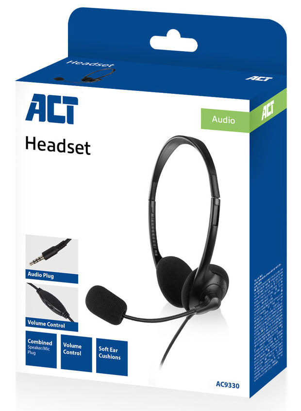 Fejhallgató doboz fejhallgató képpel és részletekkel kék háttéren, audio jack-kel és mikrofonnal.