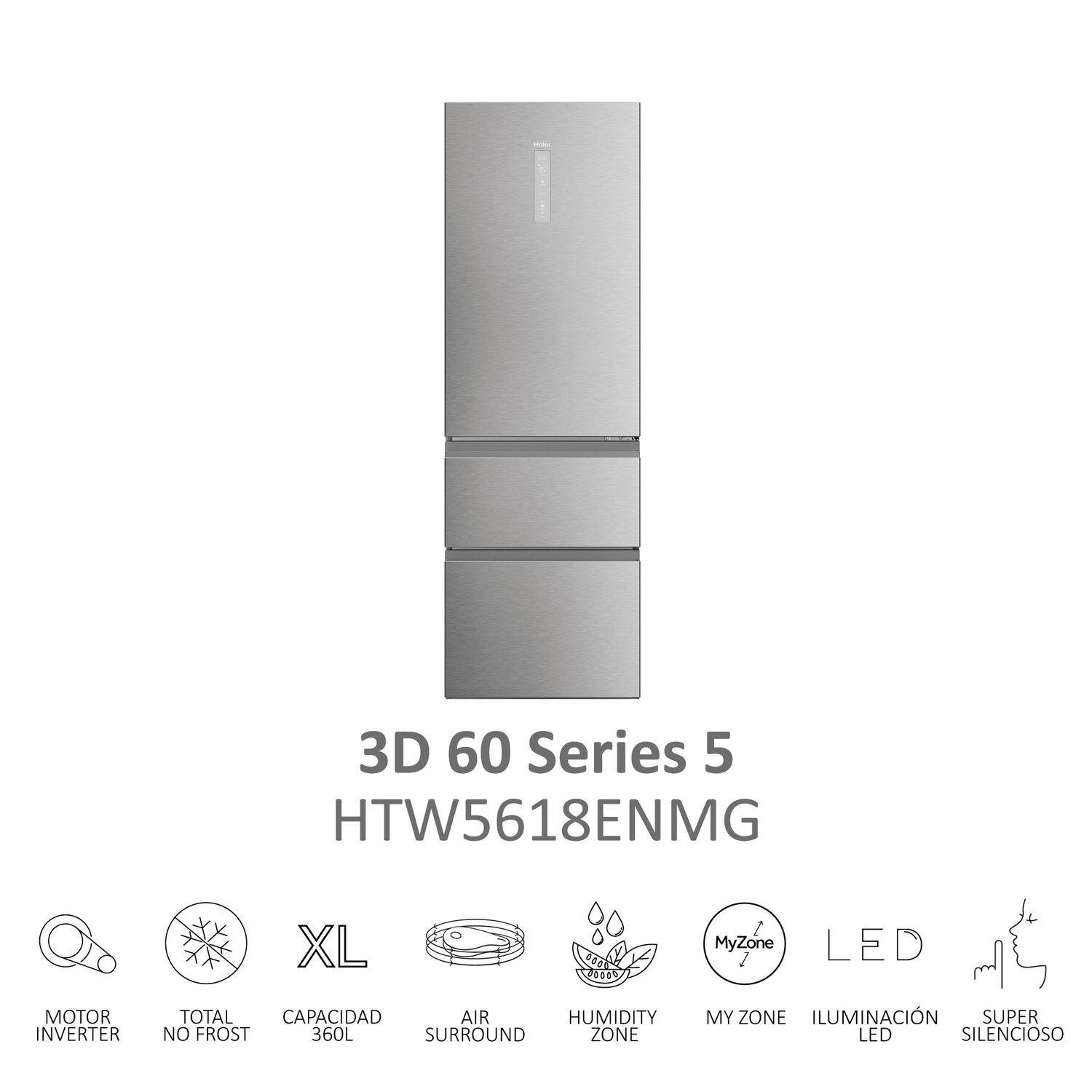 Refrigerador plateado con dos cajones congelador y descripción de características sobre fondo blanco.