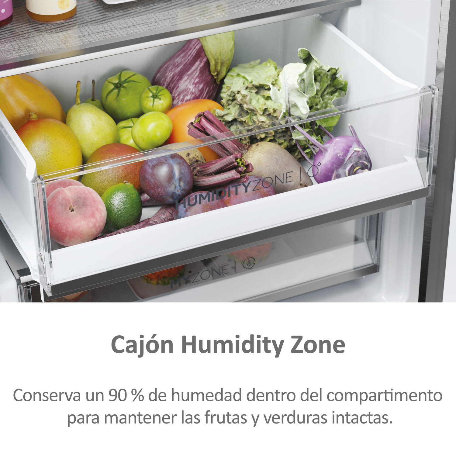 Cajón de refrigerador lleno de frutas y verduras etiquetado como Zona de Humedad.