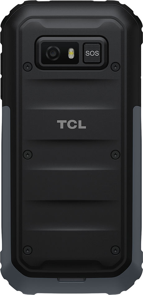 Fekete, robusztus telefon. Kamerával, SOS gombbal és TCL logóval. Szürke-fekete dizájn.