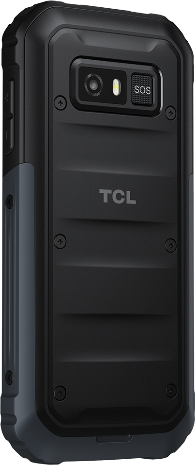 Fekete telefon hátlap, kamera, SOS gomb és TCL logó.