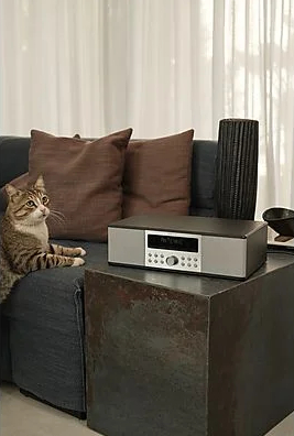 Kot siedzący na ciemnoniebieskiej kanapie, obok zestawu stereo na ciemnym metalowym stole.