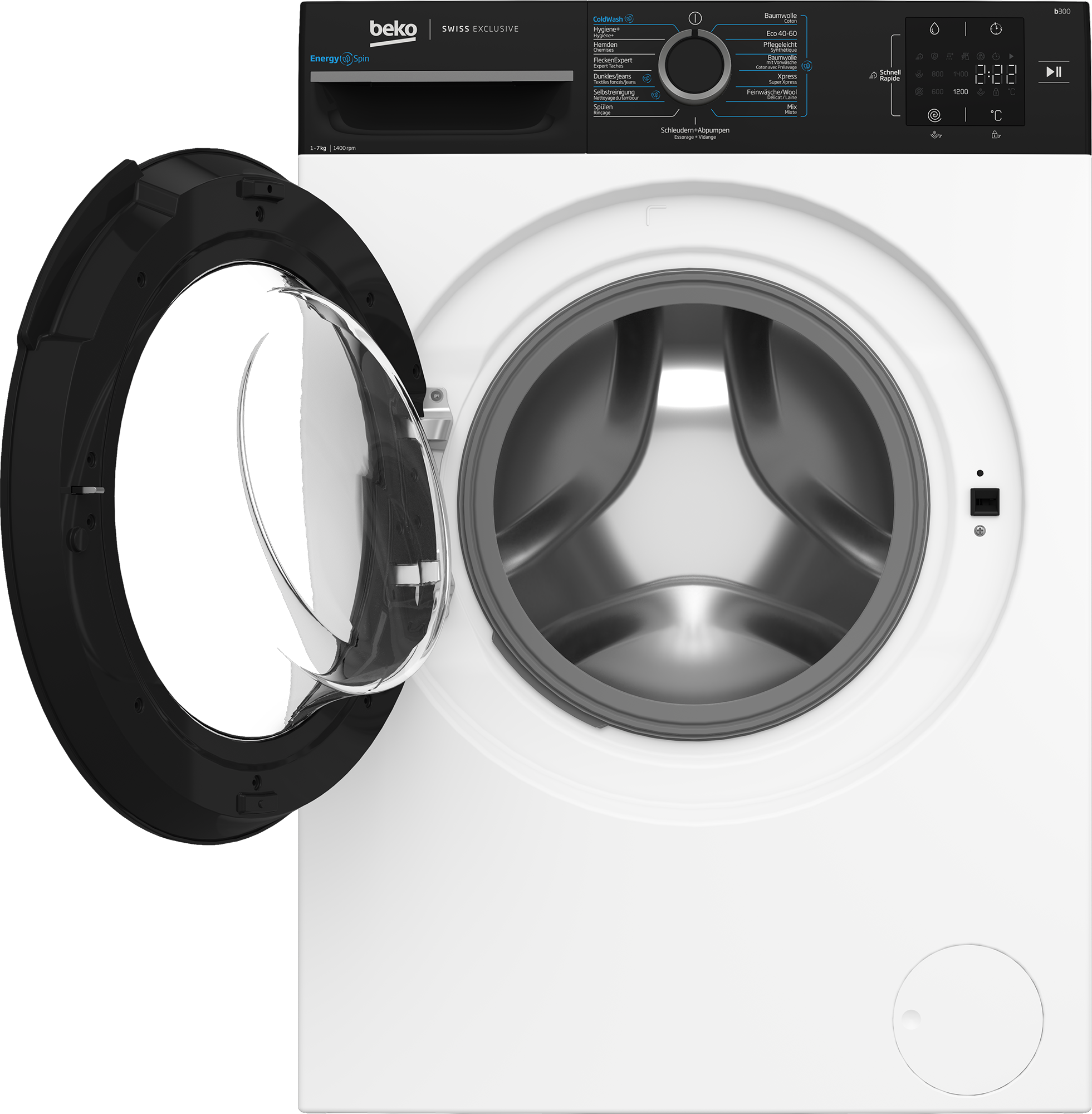 Lave-linge avec porte ouverte. Il est blanc avec des détails noirs à l'avant.