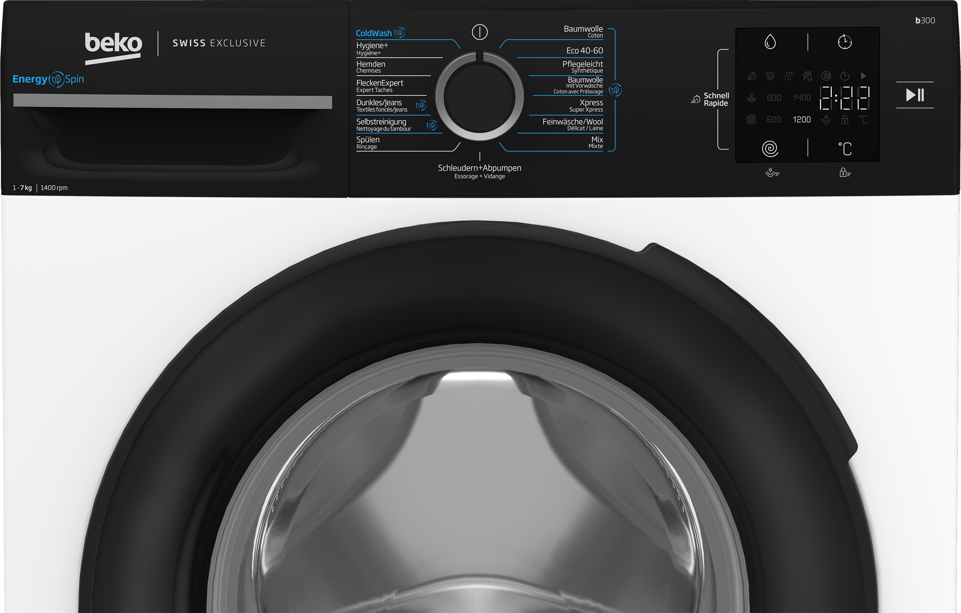 Panneau de commande de lave-linge. Il affiche les réglages avec un écran et un cadran.