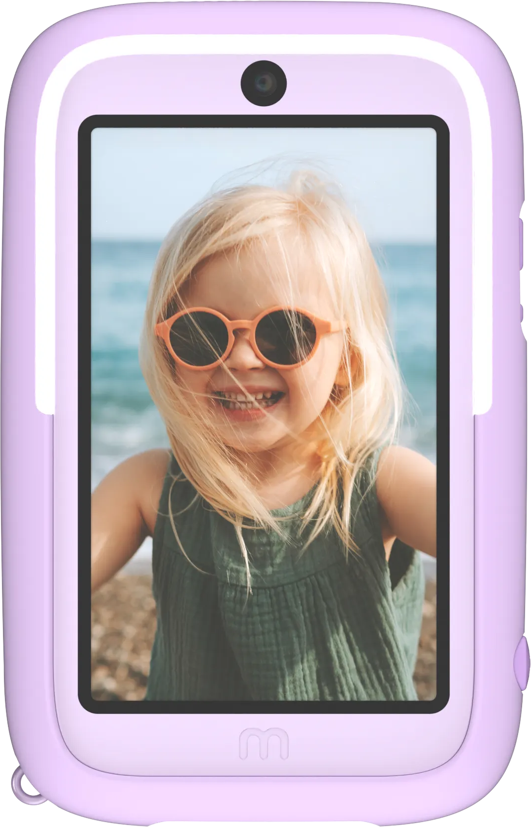 Ein Tablet mit rosa Rahmen, das ein Foto eines lächelnden blonden Mädchens mit Sonnenbrille zeigt.