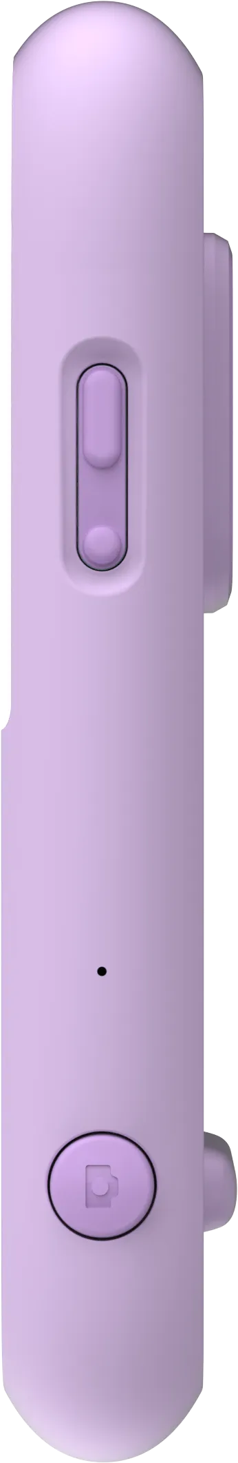 Seitenansicht eines hellvioletten Geräts mit Knöpfen und einem Ladeanschluss.
