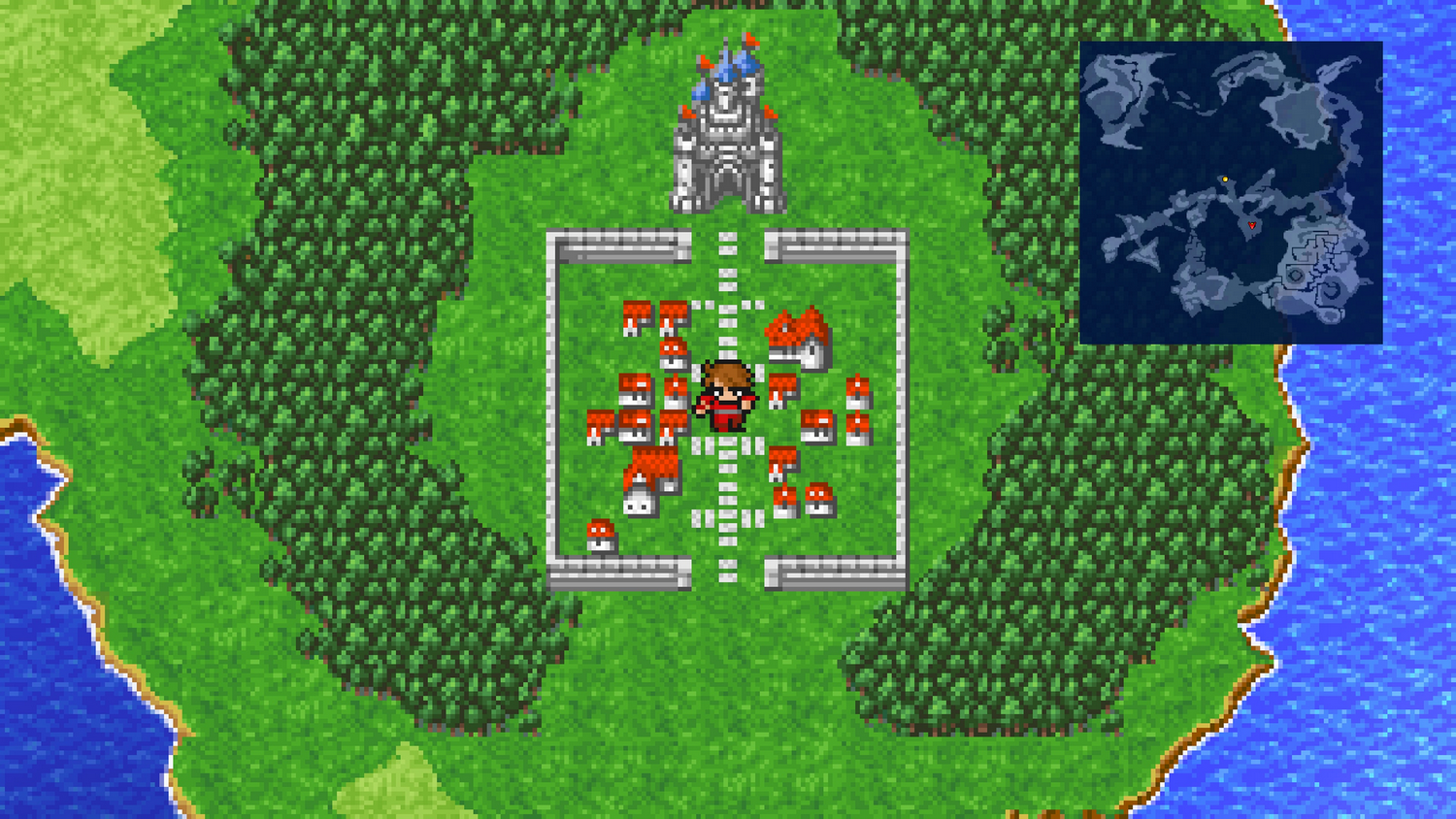 Vista de arriba hacia abajo pixelada de un pueblo con casas rojas, árboles y un mapa en la esquina.