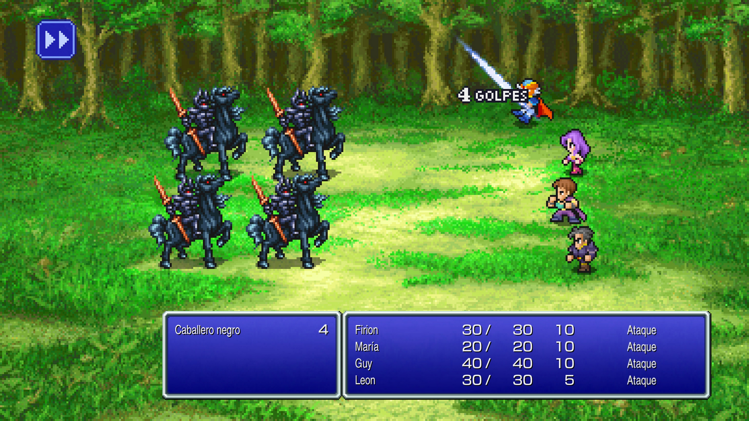 Escena pixelada de batalla de Final Fantasy. Caballeros negros a caballo contra héroes.