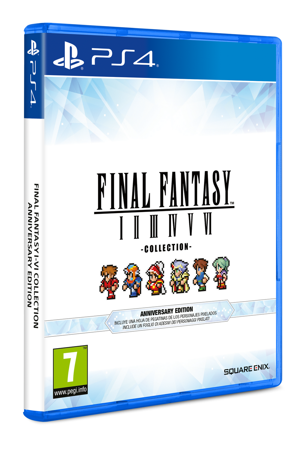 Caja del juego Final Fantasy I-VI Collection con marca PS4 azul. Personajes pixelados al frente.