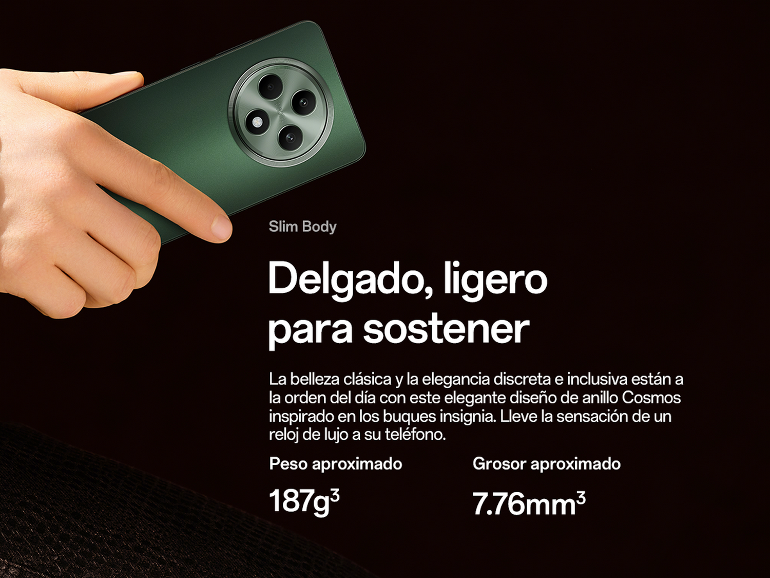 Mano sosteniendo un teléfono verde, con texto sobre el diseño y las especificaciones del teléfono.