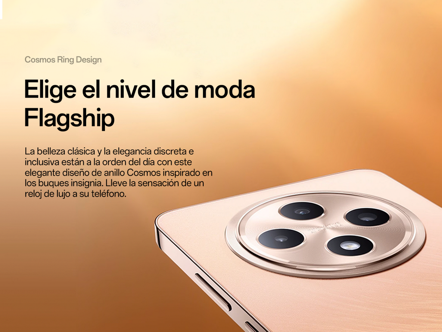 Primer plano de un teléfono con diseño de cámara circular, esquema de color dorado.
