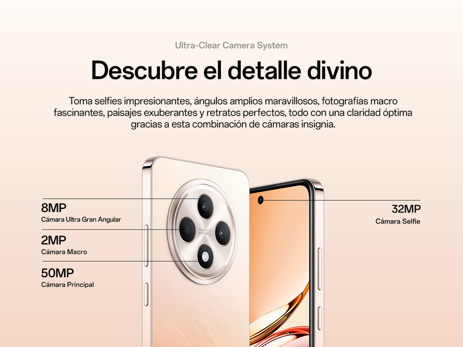 Smartphone con detalles de la cámara. Múltiples cámaras. Texto sobre fotos claras.