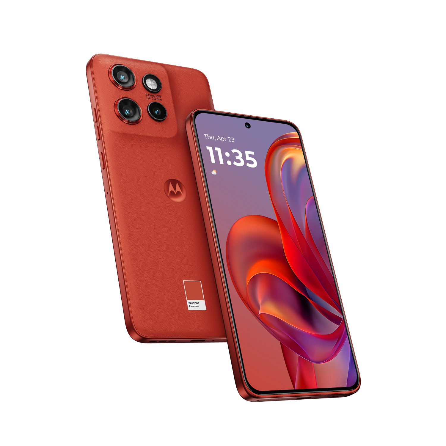 Teléfono Motorola. Color rojo, dos cámaras traseras y una pantalla que muestra la fecha y la hora. Etiqueta Pantone.