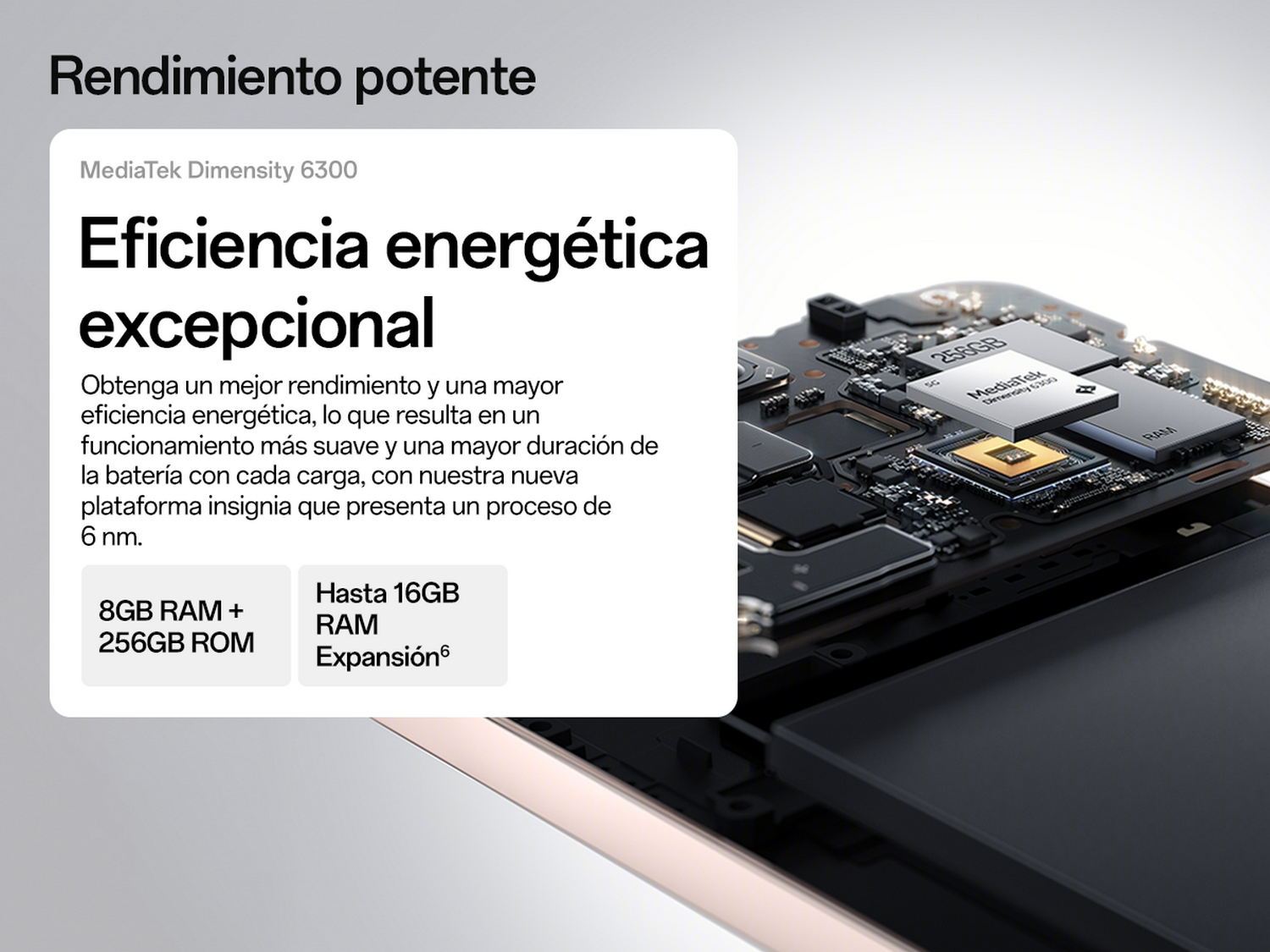 Primer plano de un componente de teléfono con texto en español. Texto: 'Eficiencia energética excepcional'.