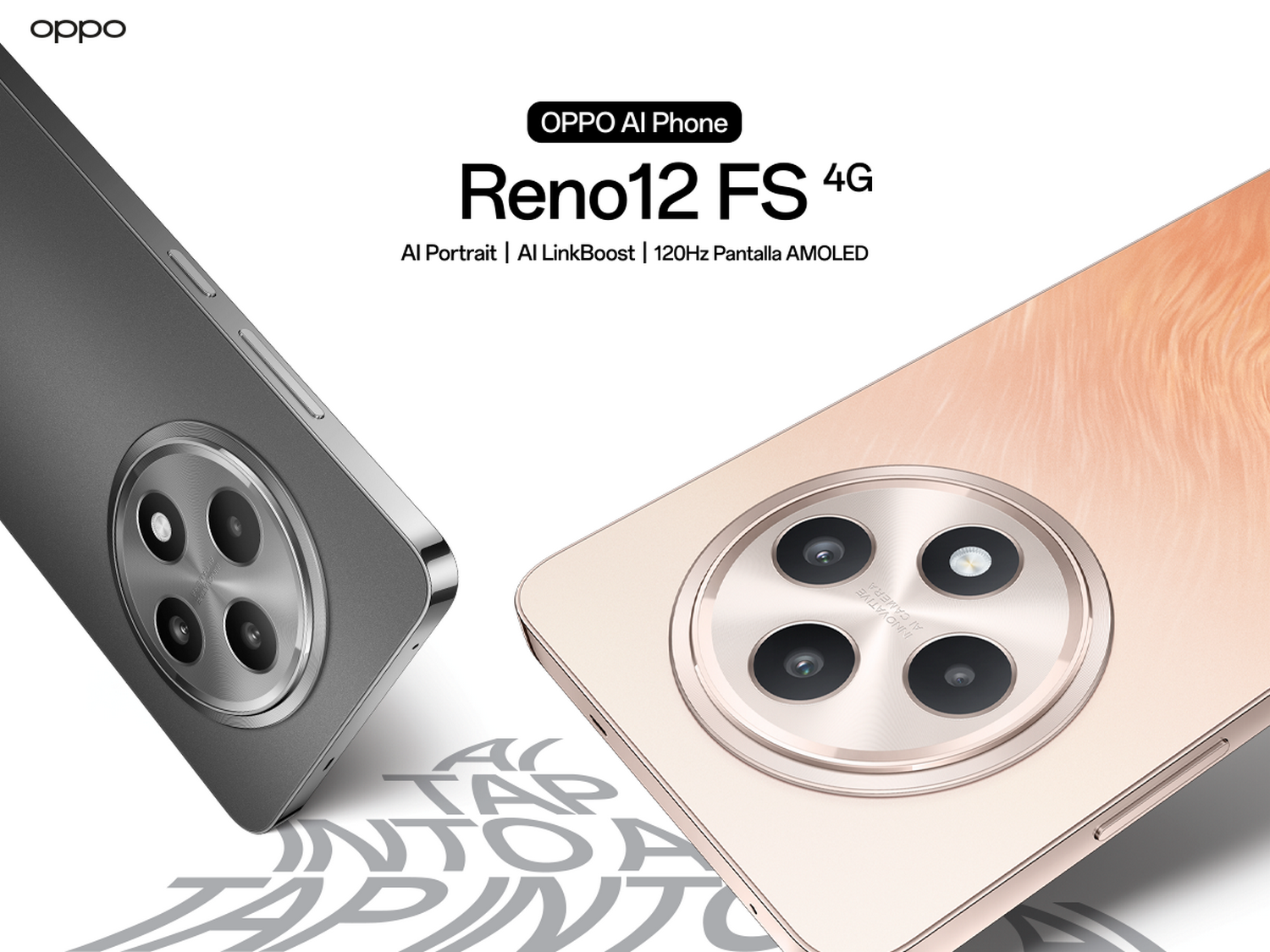 Dos teléfonos, uno gris y otro dorado, con un gran círculo de cámara y la etiqueta OPPO AI Phone.
