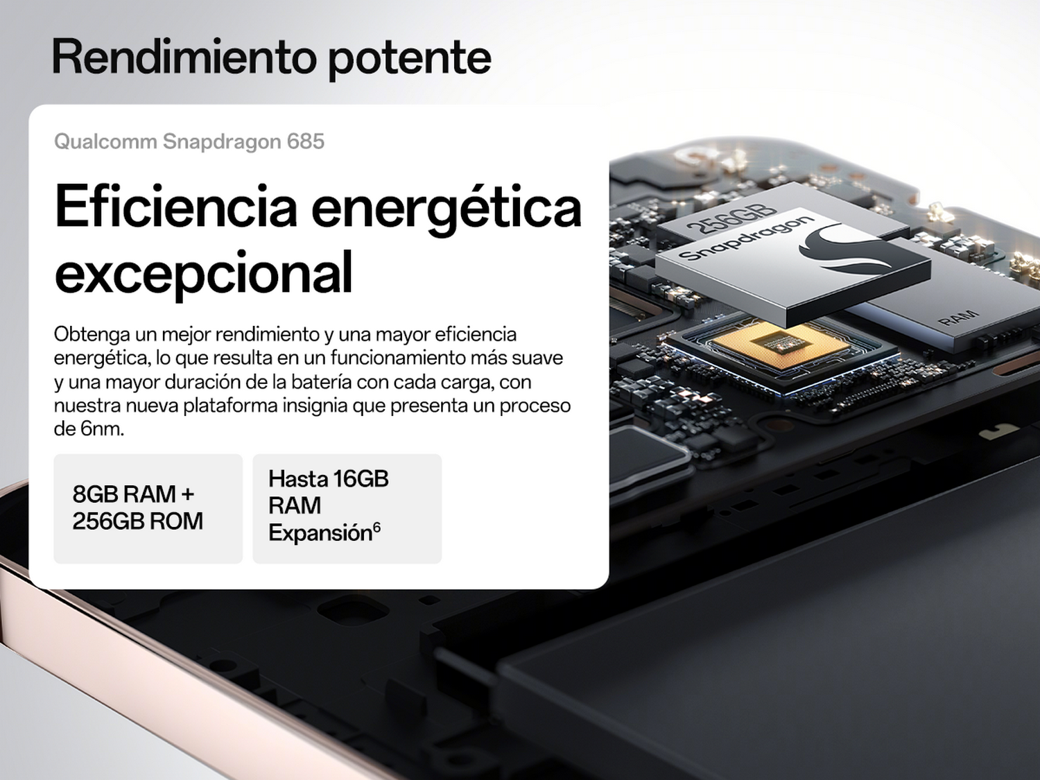 Primer plano del componente del teléfono. Texto: Snapdragon, 8GB RAM, 256GB ROM. Dorado y negro. Fondo con placa.