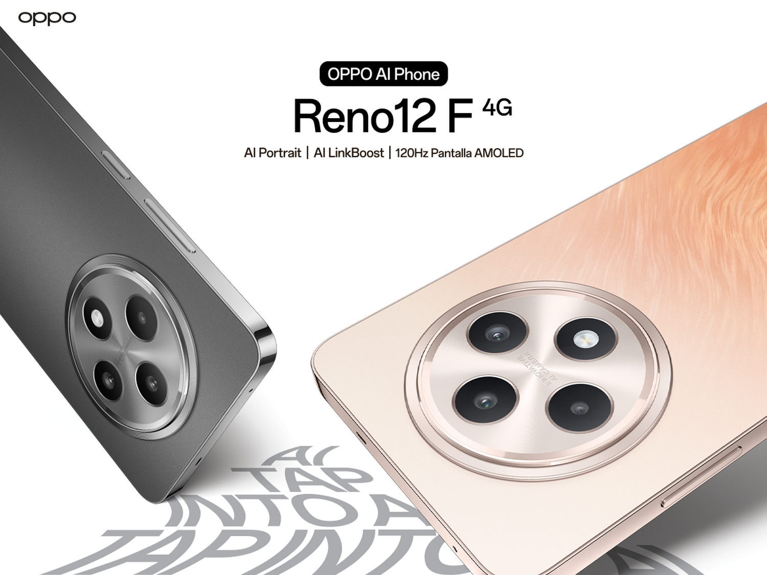 Dos teléfonos con diseño de módulo de cámara. Uno gris, otro dorado, mostrando funciones.