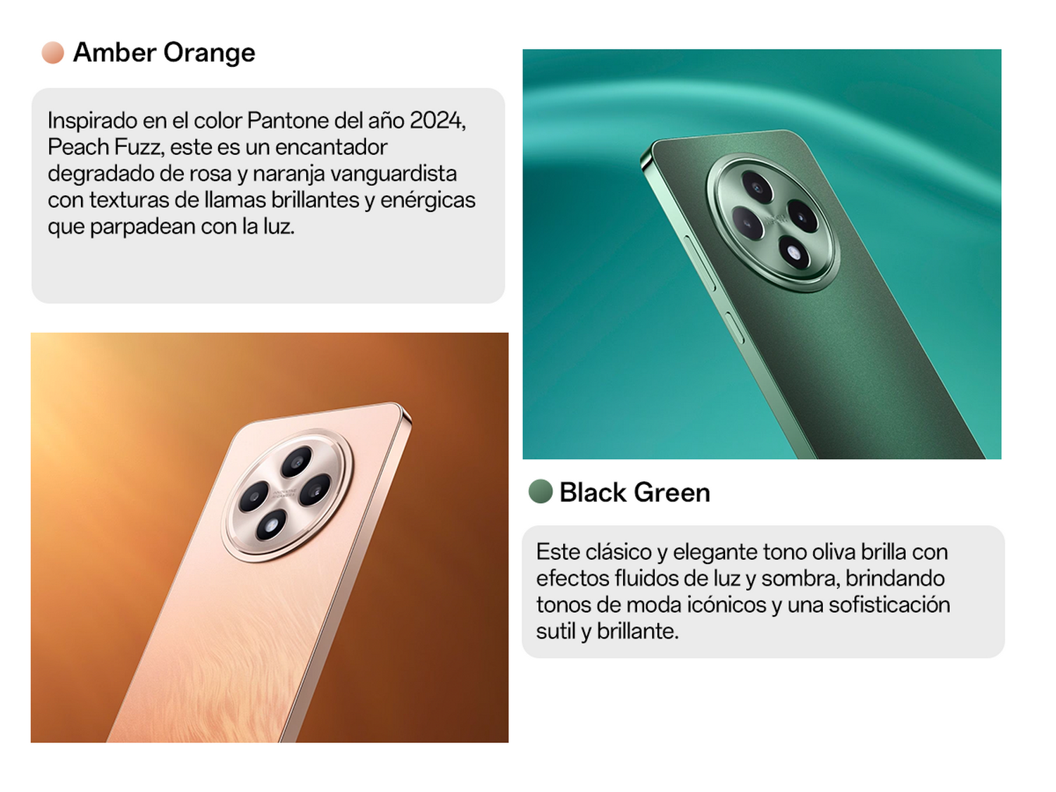 Dos teléfonos, uno dorado y otro verde, con texto sobre colores.
