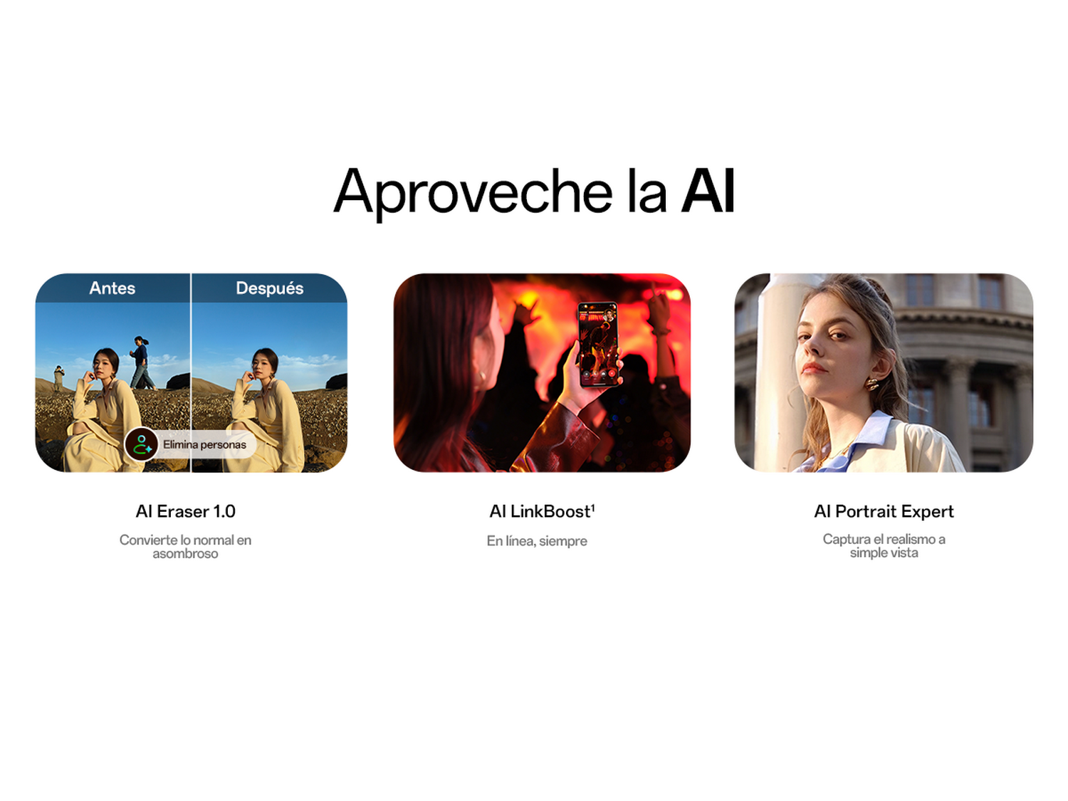 Imagen que muestra funciones del teléfono. Ejemplos: AI Eraser 1.0, AI LinkBoost y AI Portrait Expert.