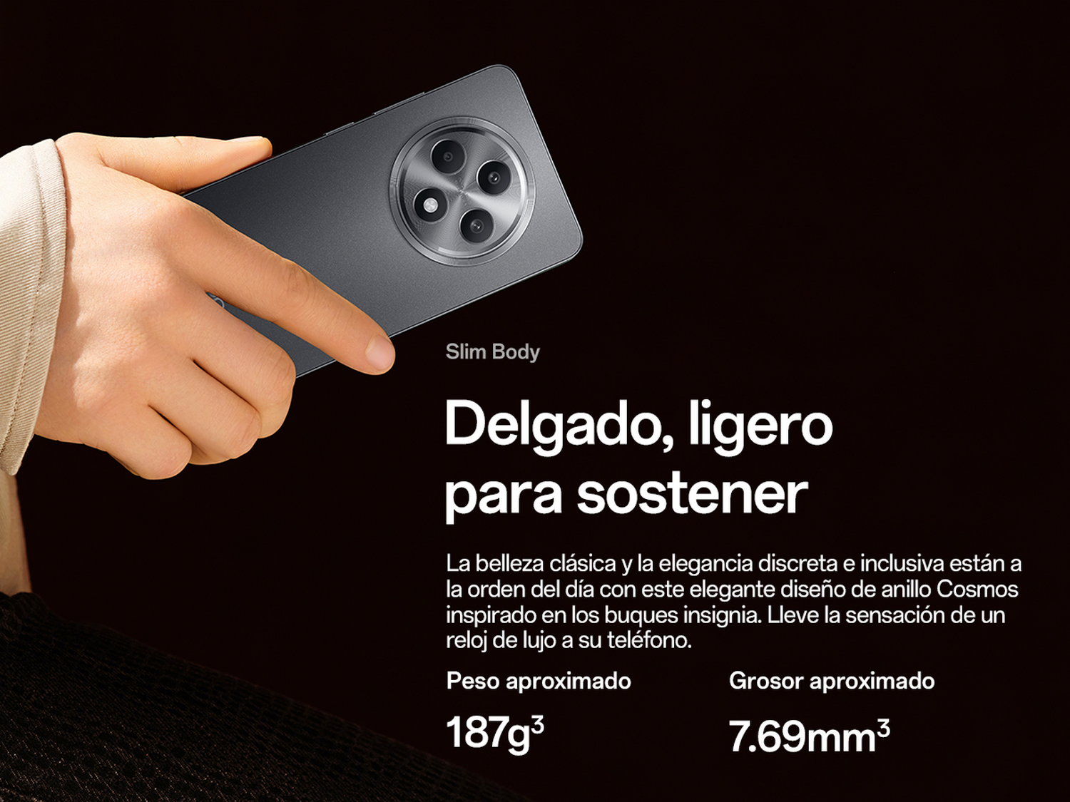 Teléfono oscuro sostenido por una mano. Texto: 'Cuerpo delgado' y 'Delgado, ligero'.