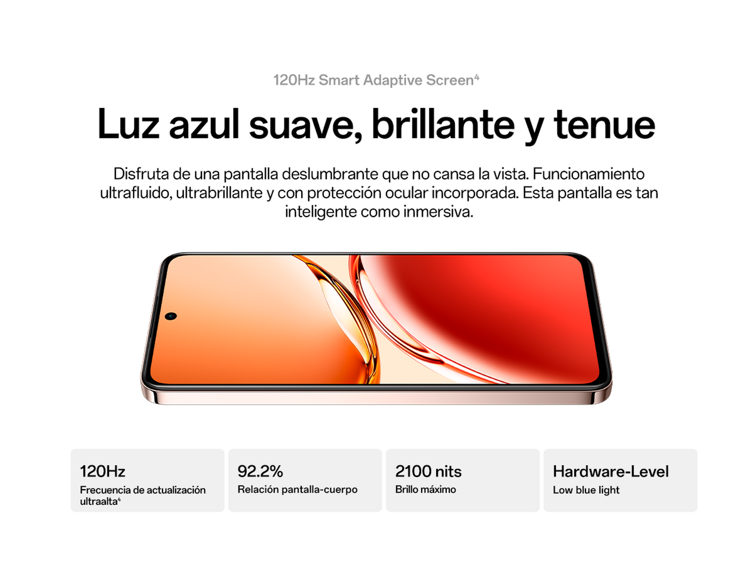 Un teléfono con marco dorado, mostrando una pantalla naranja brillante con detalles sobre sus características.