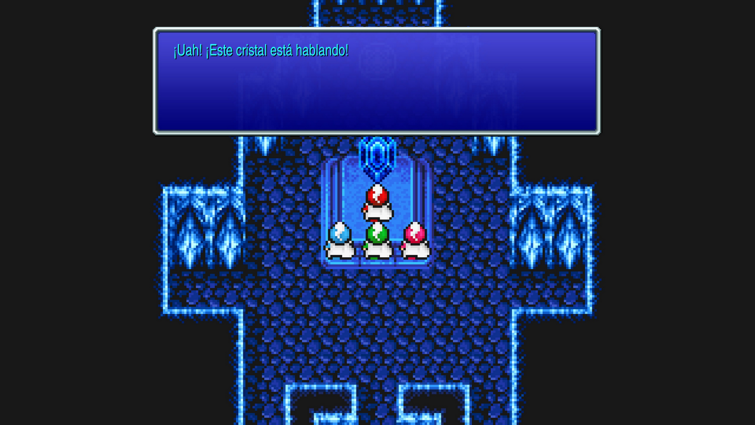 Una pantalla de videojuego retro. Los personajes están en una habitación con baldosas azules. La burbuja de texto dice: '¡Uh! ¡Este cristal está hablando!'