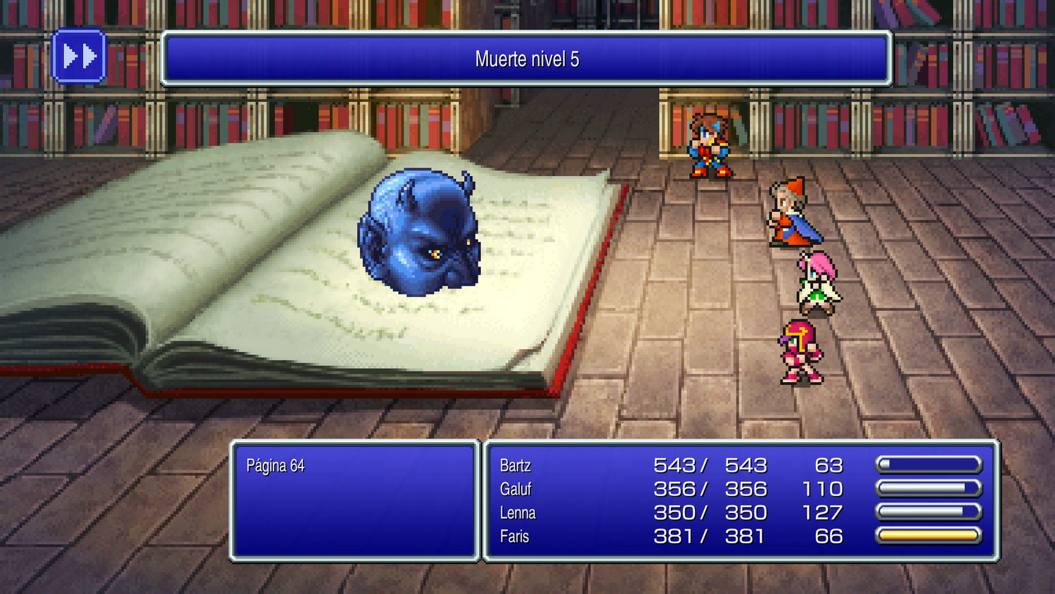 Una escena pixelada de Final Fantasy. Personajes frente a una biblioteca. Un monstruo azul sobre un libro abierto.
