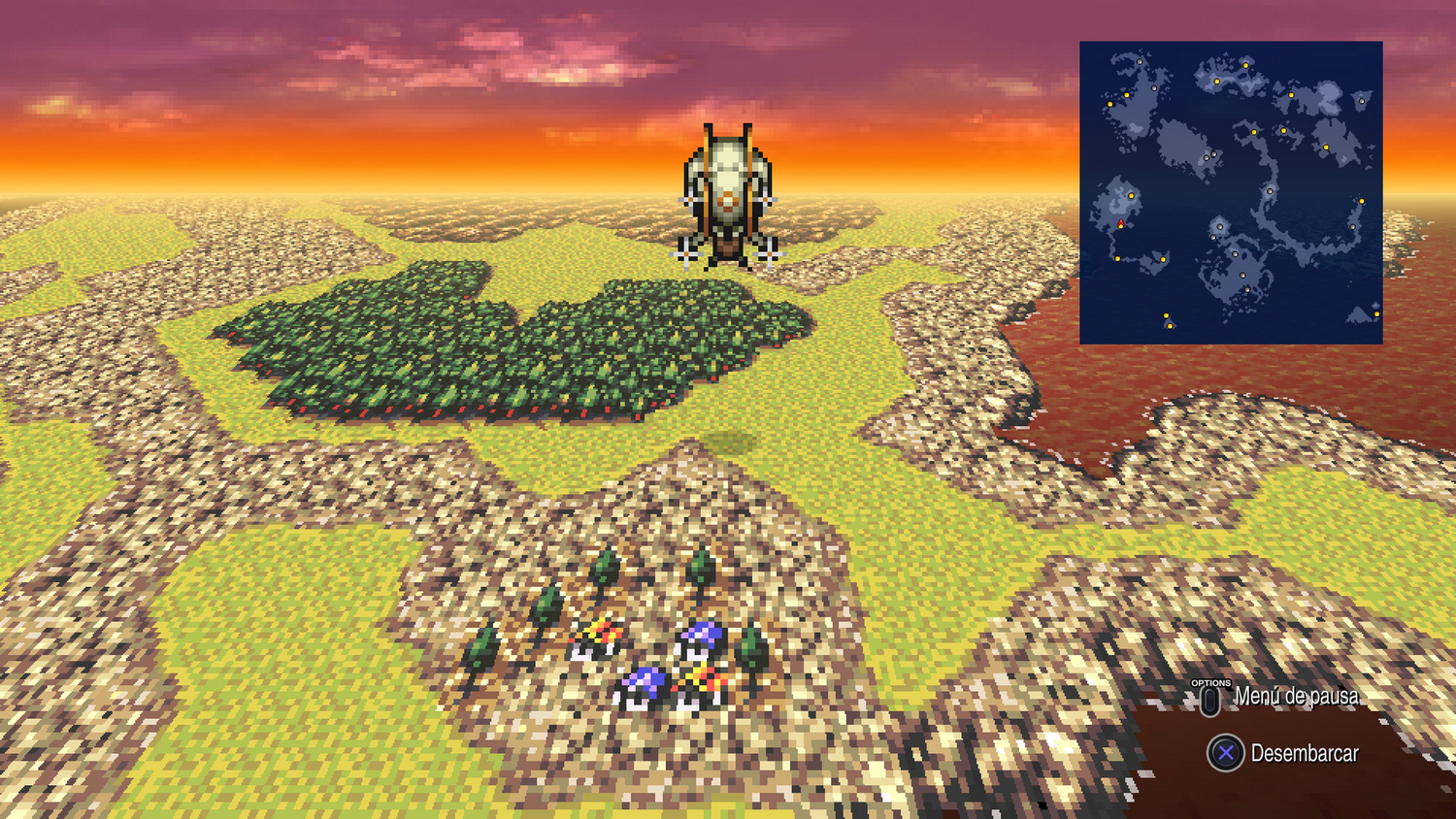 Paisaje de videojuego con mapa pequeño en la esquina y personaje.