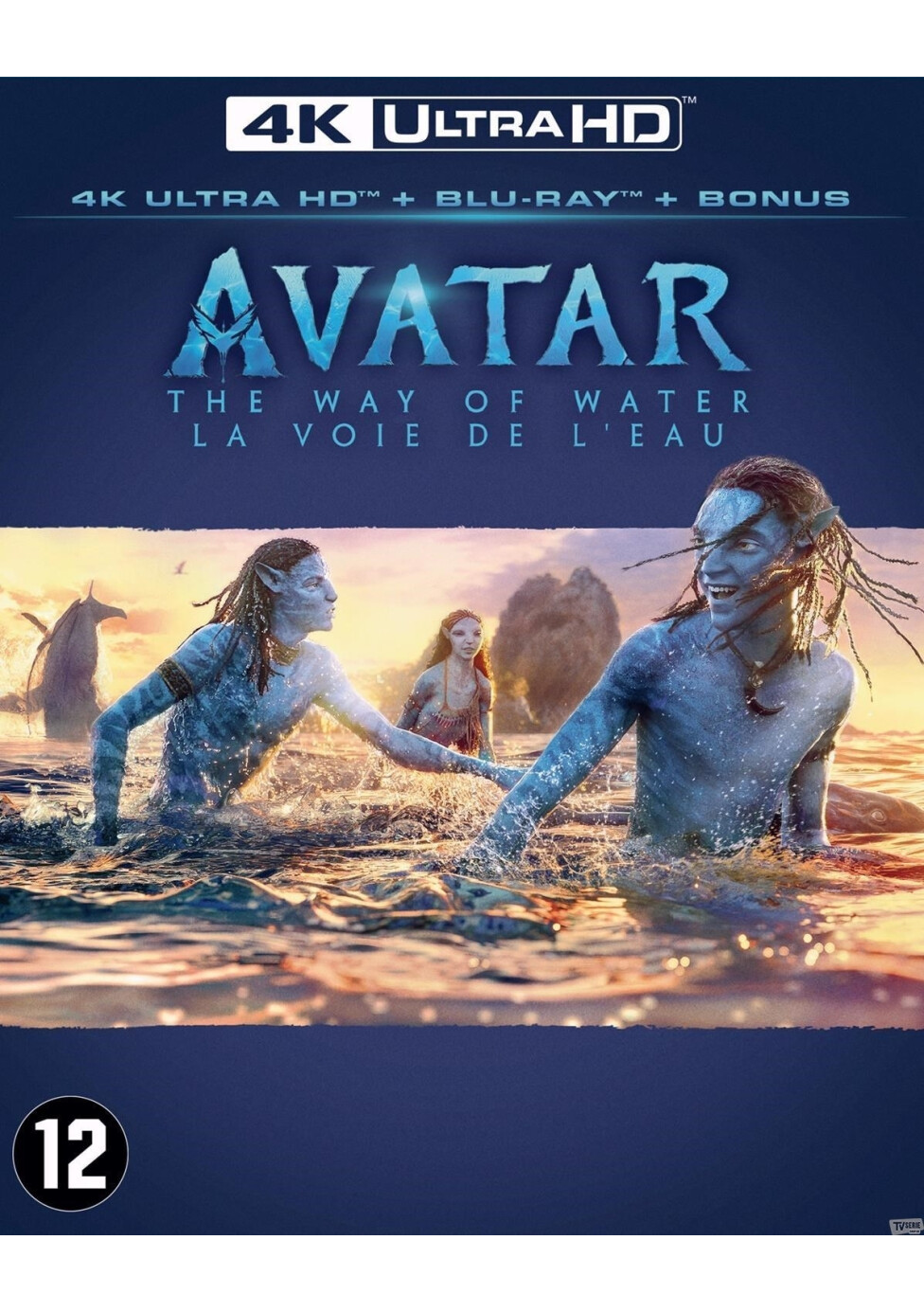 Filmover van Avatar: The Way of Water. Blauwe figuren in het water, tekst en een 12-label.