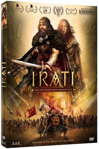 Couverture DVD de 'Irati : Age of Gods and Monsters', avec un groupe de personnes dans une scène de bataille.