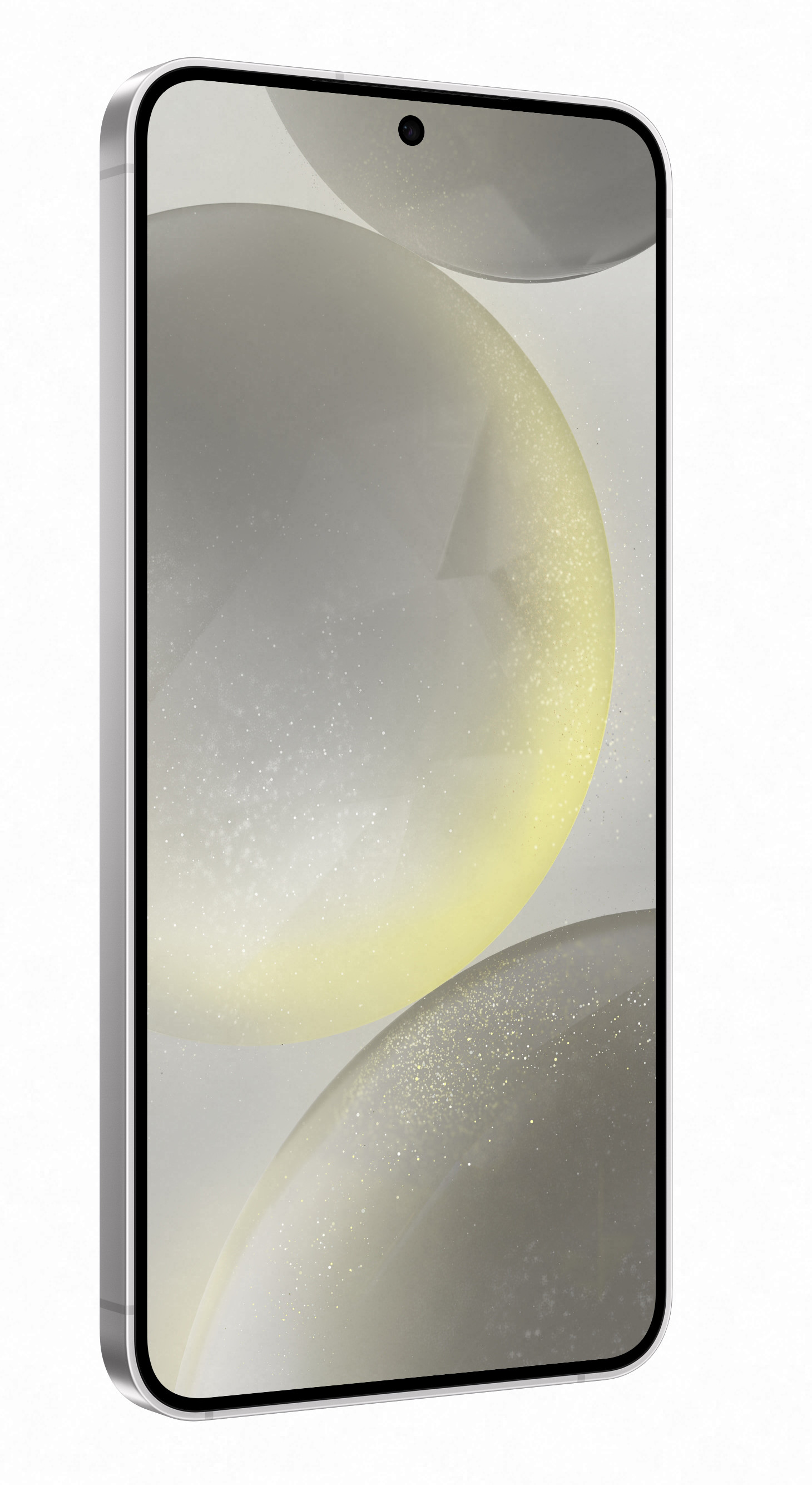 Srebrny telefon, pod kątem, z ekranem pokazującym abstrakcyjne kule na jasnym tle.