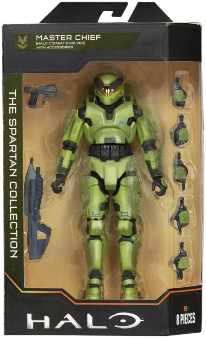 Master Chief akciófigura a dobozban. Zöld páncél, látható kiegészítők. Halo játék márkanév.