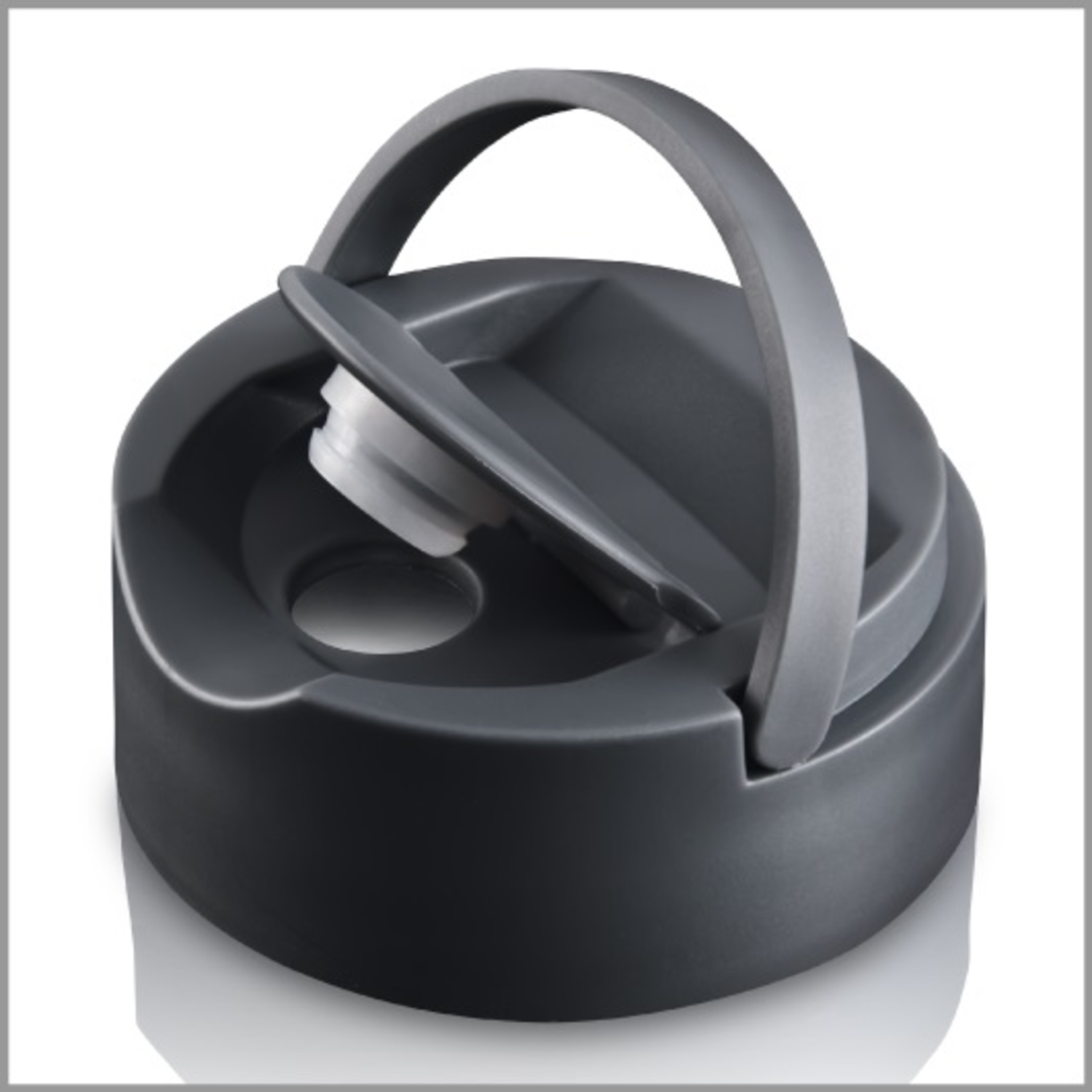 A dark grey water bottle cap with a white inner component and a handle.