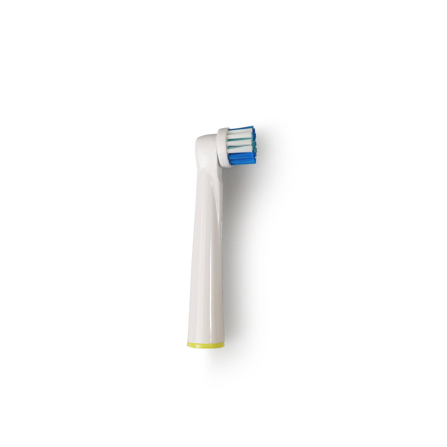 White toothbrush head with blue, green, and white bristles. Yellow base.