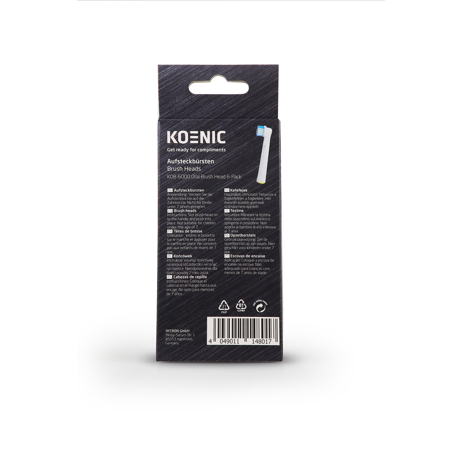 The back of a Koenic toothbrush head pack with text in multiple languages.
