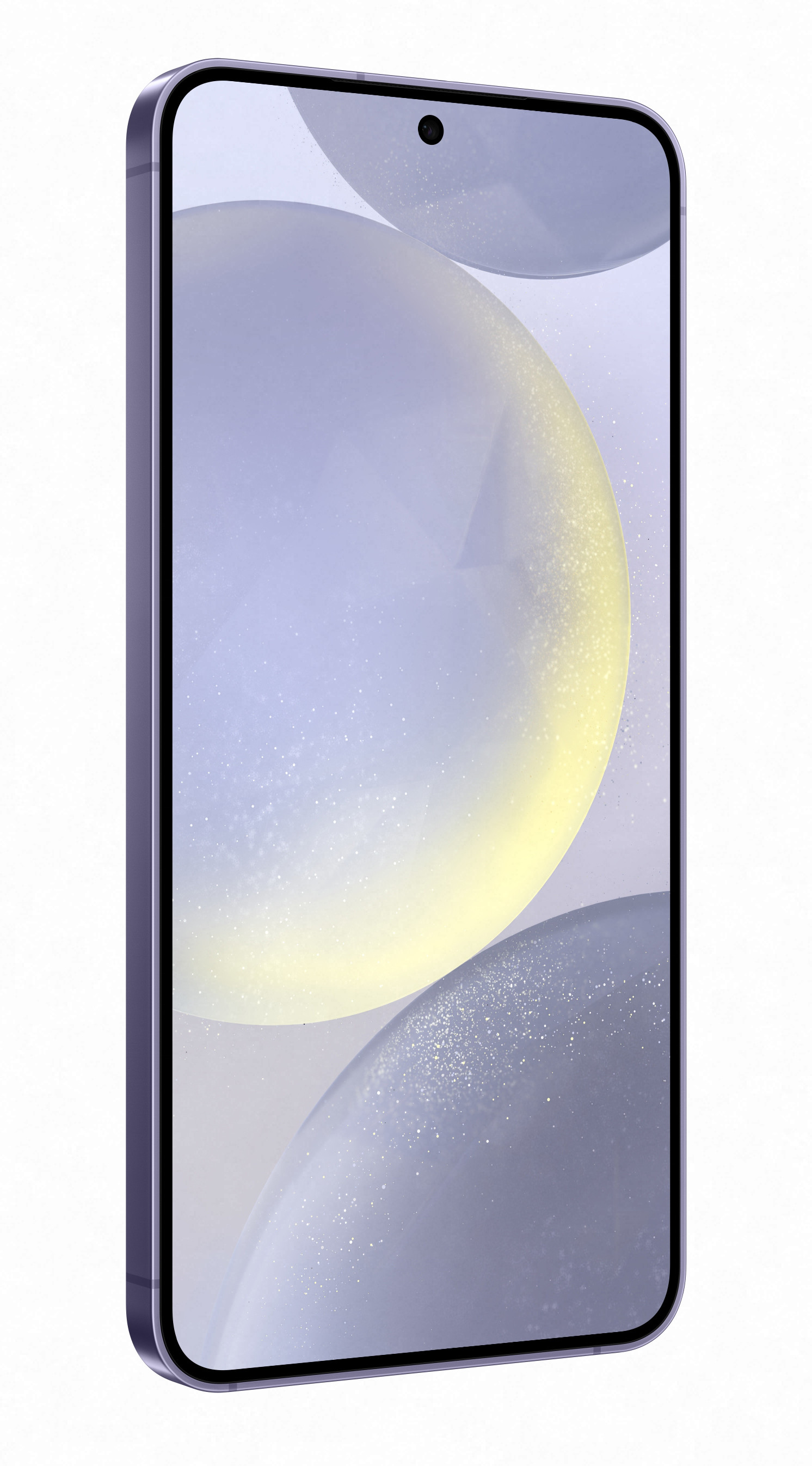 Fioletowy smartfon o zaokrąglonym prostokątnym kształcie z ekranem wyświetlającym gradientowe tło.