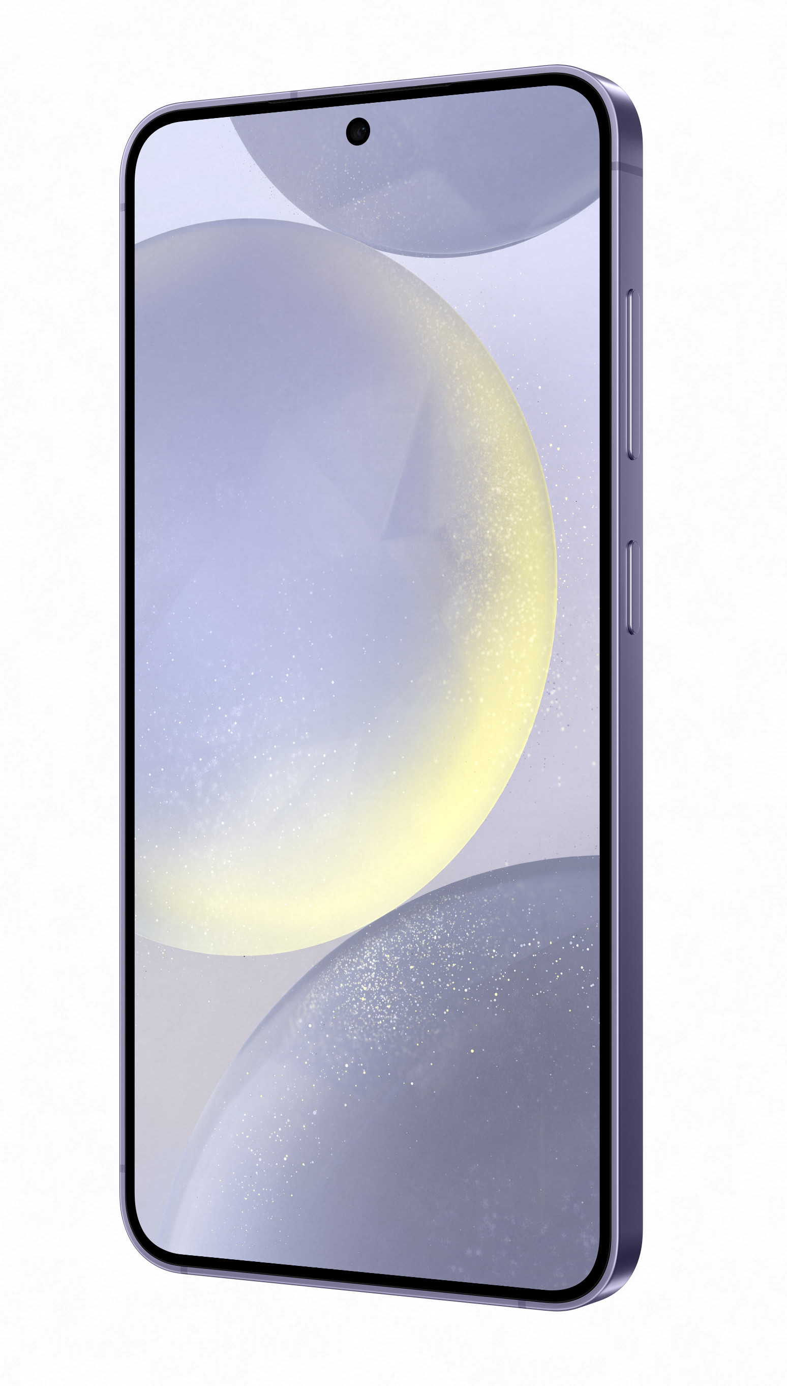 Fioletowy smartfon, widok z boku, z ekranem wyświetlającym rozmyte okręgi.